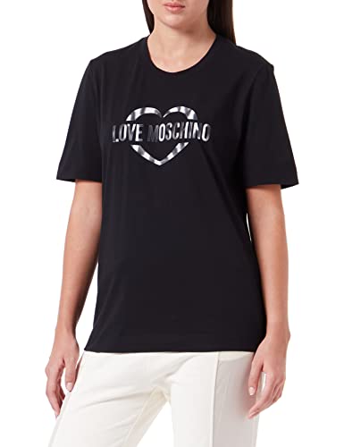Love Moschino Damska koszulka o regularnym kroju z nadrukiem olograficznym w kształcie serca, czarny, 48