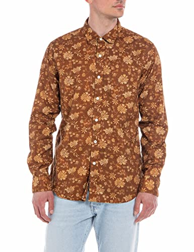 Replay Męska koszula z długim rękawem z mieszanki bawełny, brązowa (Lt Brown With Printed Flowers 010), L, Lt Brown With Printed Flowers 010, L