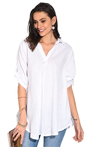 Bonateks damska top 100% lniana tunika Made in Italy, bluzka z dekoltem w serek i długim rękawem, biała, rozmiar: XL, biały, XL