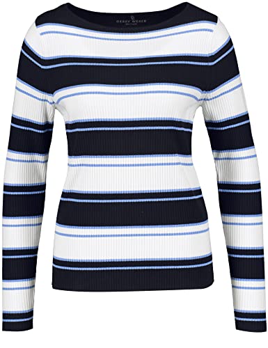 Gerry Weber Damski sweter z charakterystycznymi paskami, długi rękaw, sweter z długim rękawem, okrągły dekolt, sweter w paski, Niebieskie kółko, 34
