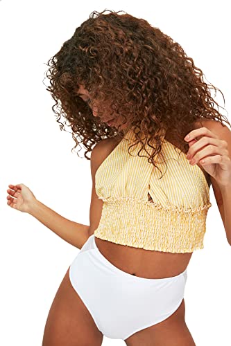 TRENDYOL Damska bluza w kratkę, z kamieniami szlachetnymi w paski, żółty, 34