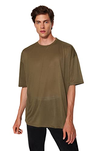 Trendyol męska koszulka męska męska oversize standardowa, z okrągłym dekoltem z dzianiny (1 szt.), Khaki, S