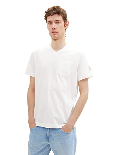 TOM TAILOR Męski T-shirt w stylu spranym z dekoltem w serek, 10332 – Off White, S