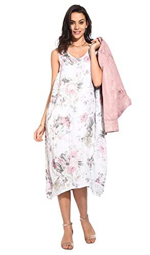 Bonateks Damska sukienka 100% lniana Made in Italy, Fluid trapezowa sukienka z półrękawami i kieszeniami, satyna, rozmiar: XL, Satyna, XL