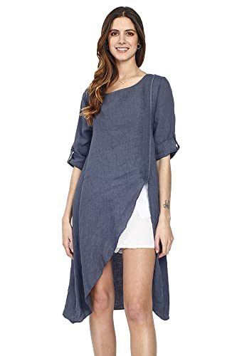 Bonateks damska sukienka 100% lniana wyprodukowana we Włoszech, długa sukienka z czystego lnu, granatowa, rozmiar: M, granatowy, M