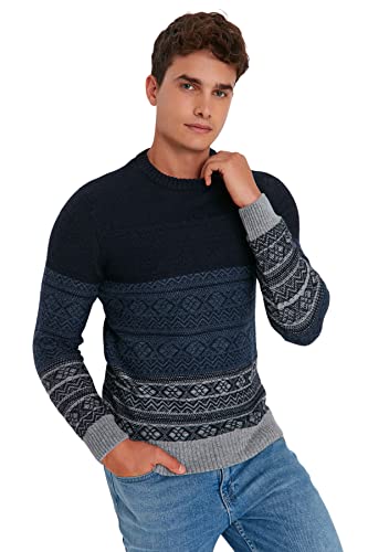 Trendyol Męska bluza z okrągłym dekoltem geometryczny wzór regularny sweter bluza, granatowy, S