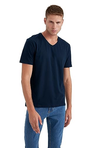 DeFacto Męski Basic Slim Fit T-shirt męski z dekoltem w serek – klasyczny T-shirt dla mężczyzn, grantowy, L