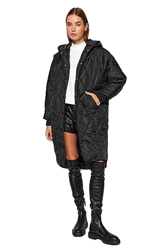 Trendyol Damska kurtka z kapturem oversize dwurzędowa, Czarny, XS