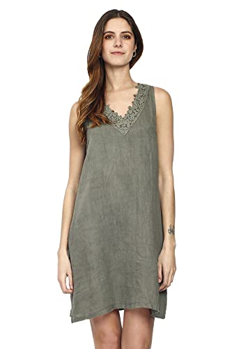 Bonateks damska sukienka 100% lniana Made in Italy, Haft bez rękawów na dekolt w serek, Jasna khaki, Rozmiar: M, Khaki Claire, M