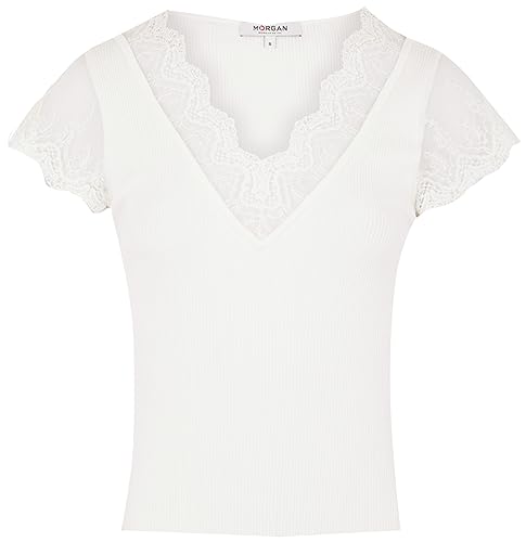 Morgan damski sweter z krótkim rękawem z koronką MHE Ecru TL, Off White, L