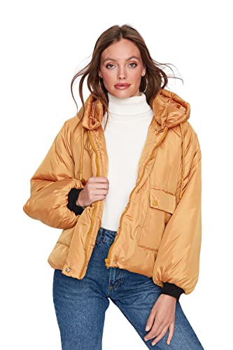 TRENDYOL Women's Damska kurtka zimowa oversize Puffer Plain tkanina tkana płaszcz, pomarańczowa, L, Orange, L