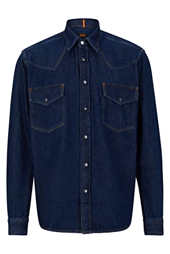 BOSS Męska koszula Lebop Relaxed-Fit z czystej bawełny denim, granatowy, M