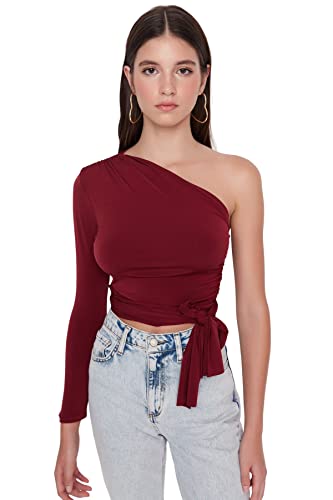 Trendyol Damska dopasowana bluzka z dzianiny z dekoltem w łódkę, Burgund, XL