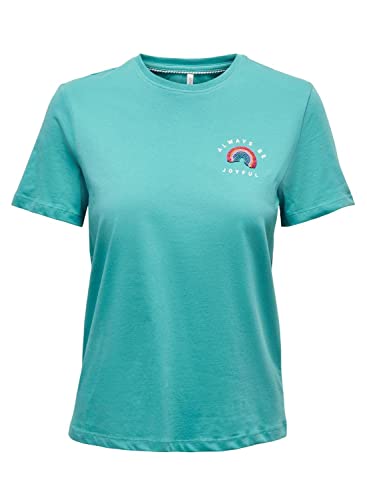 ONLY Women's ONLKITA REG S/S Rainbow EMB TOP Box JRS T-Shirt, Baltic/Print:Joyful, XS