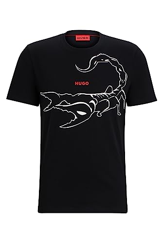 HUGO Męski T-shirt Darpione z bawełnianego dżerseju z grafiką i logo, czarny (Black1), M