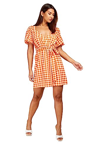 Little Mistress Damska pomarańczowa sukienka mini w kratkę na co dzień, pomarańczowy, 36