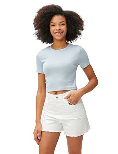 Koton Damska koszulka Crew Neck Viscose Short Sleeve Crop, Light Indigo (600), M