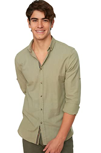 Trendyol Męska koszula z guzikami khaki Collar Apolfent Slim Fit, XL