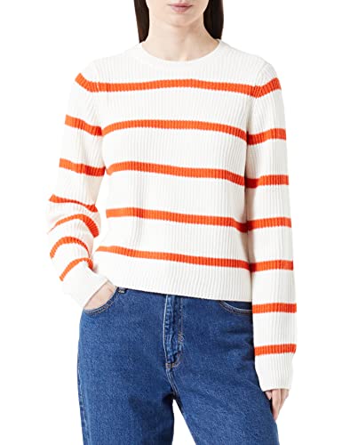 PIECES Damski sweter Pcosilla Ls O-Neck Knit Noos Bc, Cloud Dancer/Stripes:tangerine Tango, XS