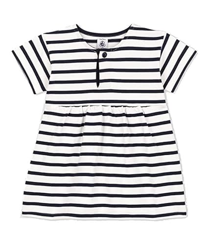 Petit Bateau Dziewczęca sukienka marynarska z krótkim rękawem w paski dla niemowląt z grubego dżerseju, Marshmallow/moking, 18 Miesiące