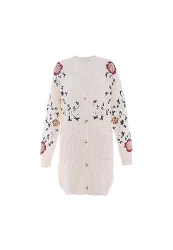 faina Damski średniej długości, modny kardigan z cekinami i kwiatowym wzorem, wełniany, rozmiar XL/XXL, biały (wollweiss), XL