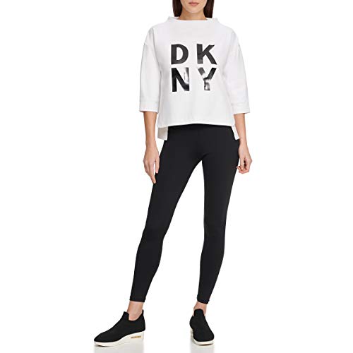 DKNY Bluza damska, Miękka biała bluza Techno High-Low z logo lakierowym, XL
