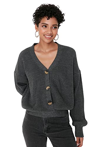 Trendyol Damski standardowy standardowy kardigan z dzianiny z dekoltem w serek, Szary, L