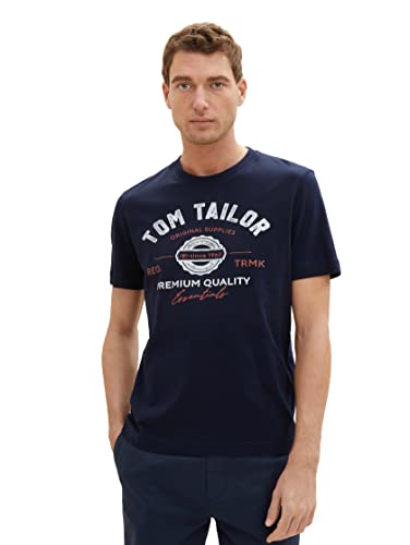 T-shirt męski TOM TAILOR z nadrukiem logo wykonany z bawełny, 10668-niebieski kapitan nieba, XXL