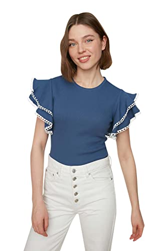 Trendyol Damska bluza z nadrukiem Indigo Frilly Knitted Blouse, L