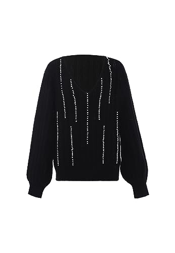 faina Damski sweter z dzianiny z dekoltem w serek i wzorem z pereł czarny rozmiar M/L, czarny, XL