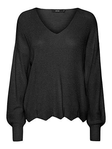 VERO MODA Vmnewlexsun Scallop Ls V-Neck Pull Ga sweter damski, czarny, L