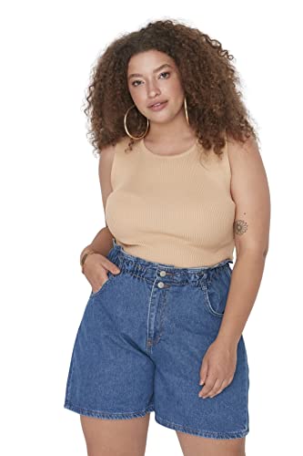 Trendyol Kobiety Slim Fit Standardowy Okrągły Dekolt Pleciony Plus Rozmiar Bluzka, Camel, 44