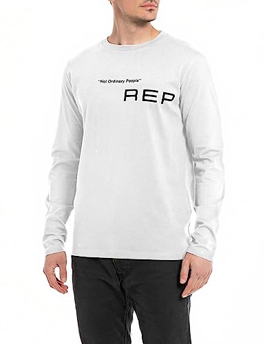 Replay Męska koszulka z długim rękawem, krój regular slim fit, 001 White, XL