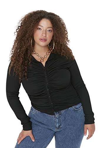 Trendyol Damska bluzka plus size, luźna, podstawowa, dzianinowa bluzka polo w dużych rozmiarach, Czarny, XLus