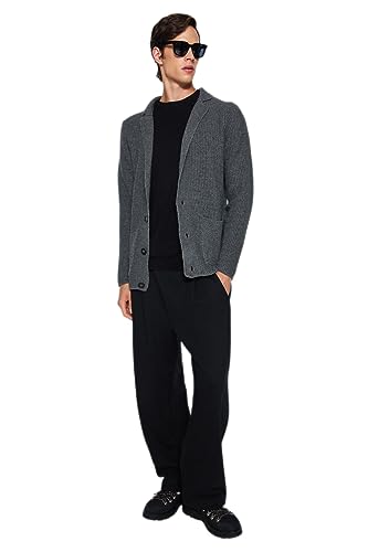 Trendyol Męski wąski krój podstawowy kardigan z klapką z kołnierzem dzianinowym, szary, L, szary, L