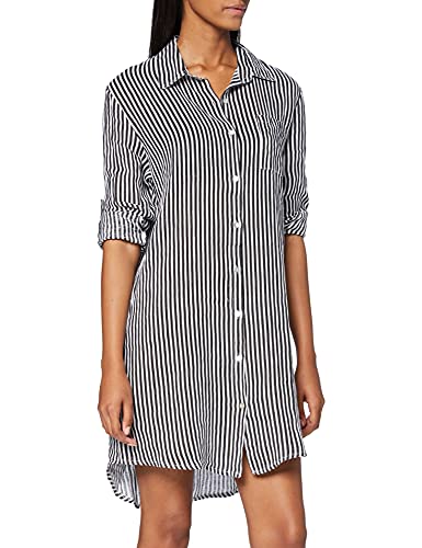 Bonamaison Damska czysta lniana koszula w paski sukienka na co dzień, Czarny, biały, 36 PL