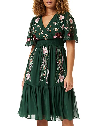 Frock and Frill Damska haftowana sukienka w kwiaty na specjalne okazje, ciemnozielona cedrowa, 14