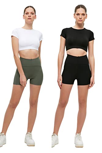 Trendyol Damska odzież sportowa z wysokim stanem Skinny Fit Biker Kurtki Sportowe Legginsy, Czarne-khaki, X-Small