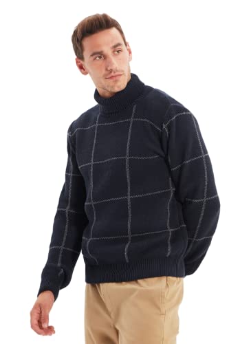 Trendyol Męska bluza z golfem w kratę slim sweter, granatowy, L, granatowy, L
