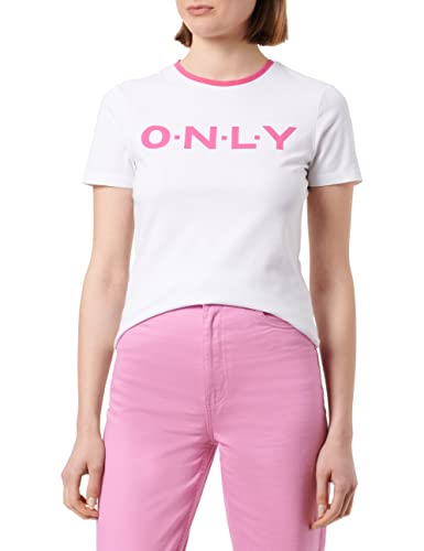 ONLY Women's ONLLEA Fitted S/S Logo TOP Box JRS T-Shirt, Bright White/Print:Only, S, Bright White/Print:only, S