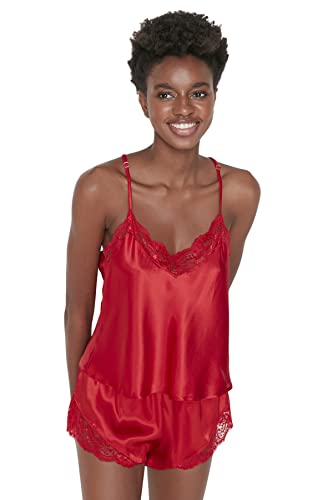 Trendyol Damski gładki koronka/siatka/siatka szczegółowy cienki tkany stanik - szorty zestaw piżamowy, Czerwony, 66