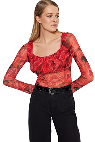 Trendyol Damska bluzka z dzianiny o kroju slim fit, czerwona, XL, Czerwony, XL