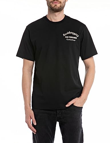 Replay Męski T-shirt z krótkim rękawem, okrągły dekolt, z nadrukiem z tyłu, Black 098, L