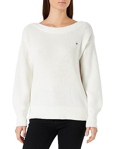 Tommy Hilfiger Damski sweter z dzianiny w łódce NK z bawełny prążkowanej, ecru, XS