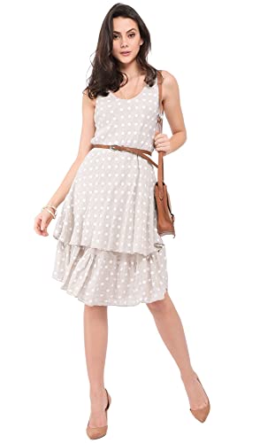 Sukienka damska 100% lniana Made in Italy, sukienka z dekoltem w serek z nadrukiem w małe kropki i podwójnymi falbankami, len, rozmiar: L, len, L