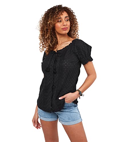 Joe Browns Damska bluzka z krótkim rękawem Broderie Detail Pintuck zapinana na guziki, 6, czarna, Czarny, 32