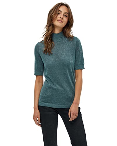 Minus Lima T-shirt damski z golfem | czarny t-shirt damski | koszulka damska z wysokim dekoltem i półrękawami | Basic Shirt damska elegancka | klasyczny sweter damski z dzianiny, 483l Sea Mist Lurex,
