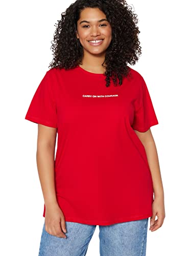 Trendyol Damska koszulka z dzianiny o luźnym kroju z okrągłym dekoltem w rozmiarze plus size, Czerwony, 4XL Duże Rozmiary