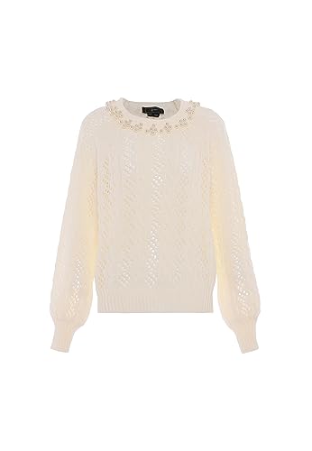 faina Damski sweter z dzianiny z perłą ozdobiony okrągłym wycięciem pod szyją Wełna BIAŁA, biały (wollweiss), XL