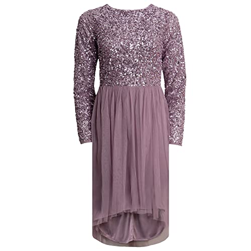 Maya Deluxe Dziewczyna na Cekinie Sparkling Party Flower Girl Długi rękaw Midi Ślubny Gość Tutu Frilly Dzieci Nastoletnia sukienka, Moody Lilac, 12 lat, Moody Lilac, 12 ans